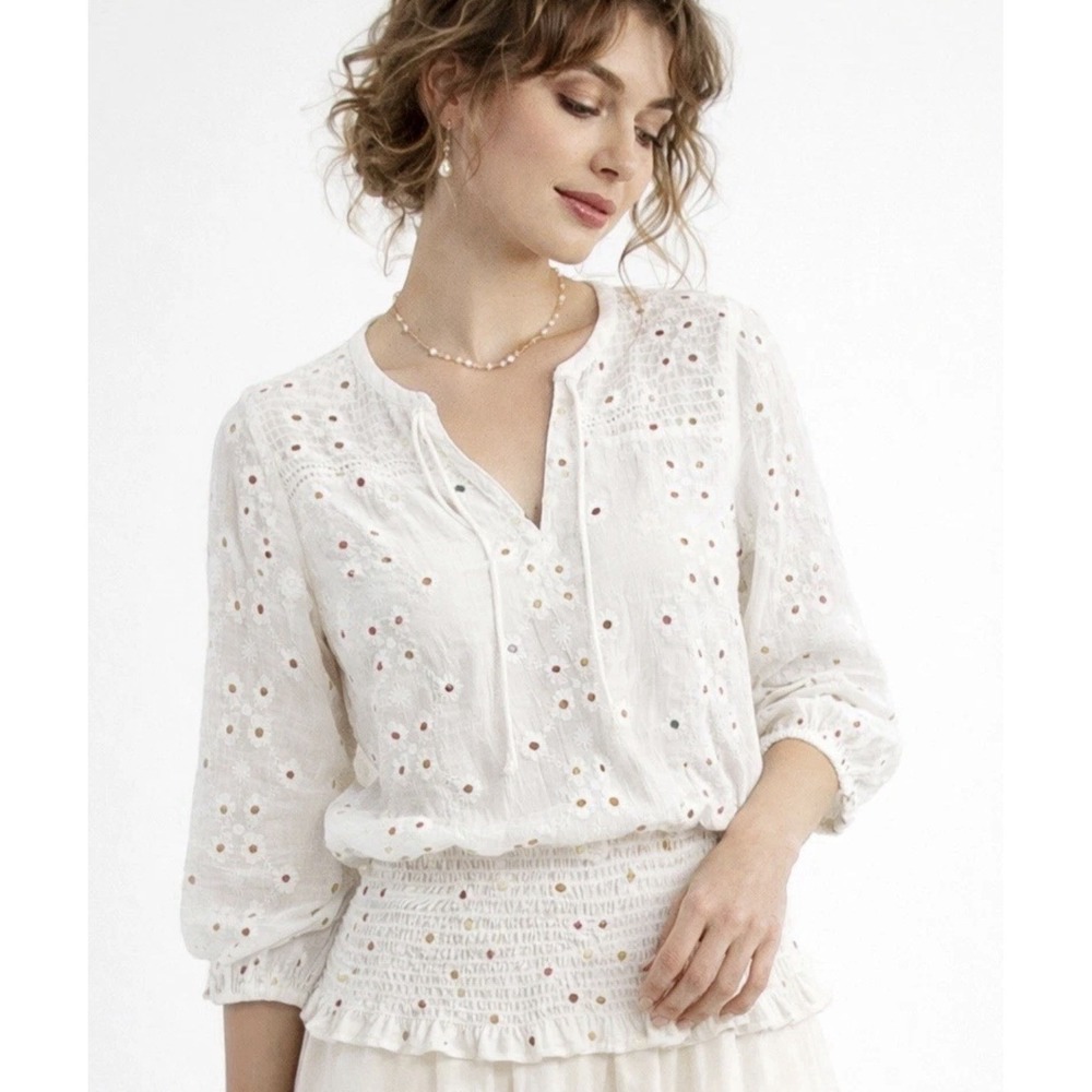 Fig and Flower‎ Embroidered Cottagecore Top White Floral Boho Peasant Size XL